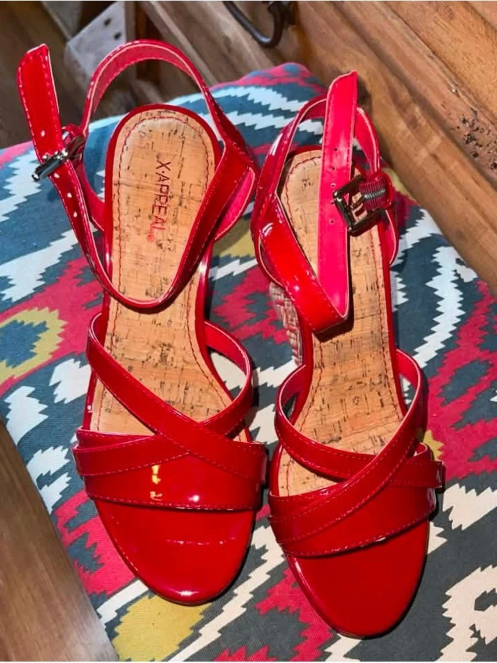 Xappeal Red Patent Wedge Sandals with Braided Espadrille Heel